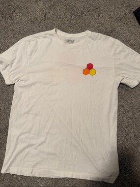 Men’s White Short-Sleeve Tee with Red/Orange/Yellow Hexagon Detail